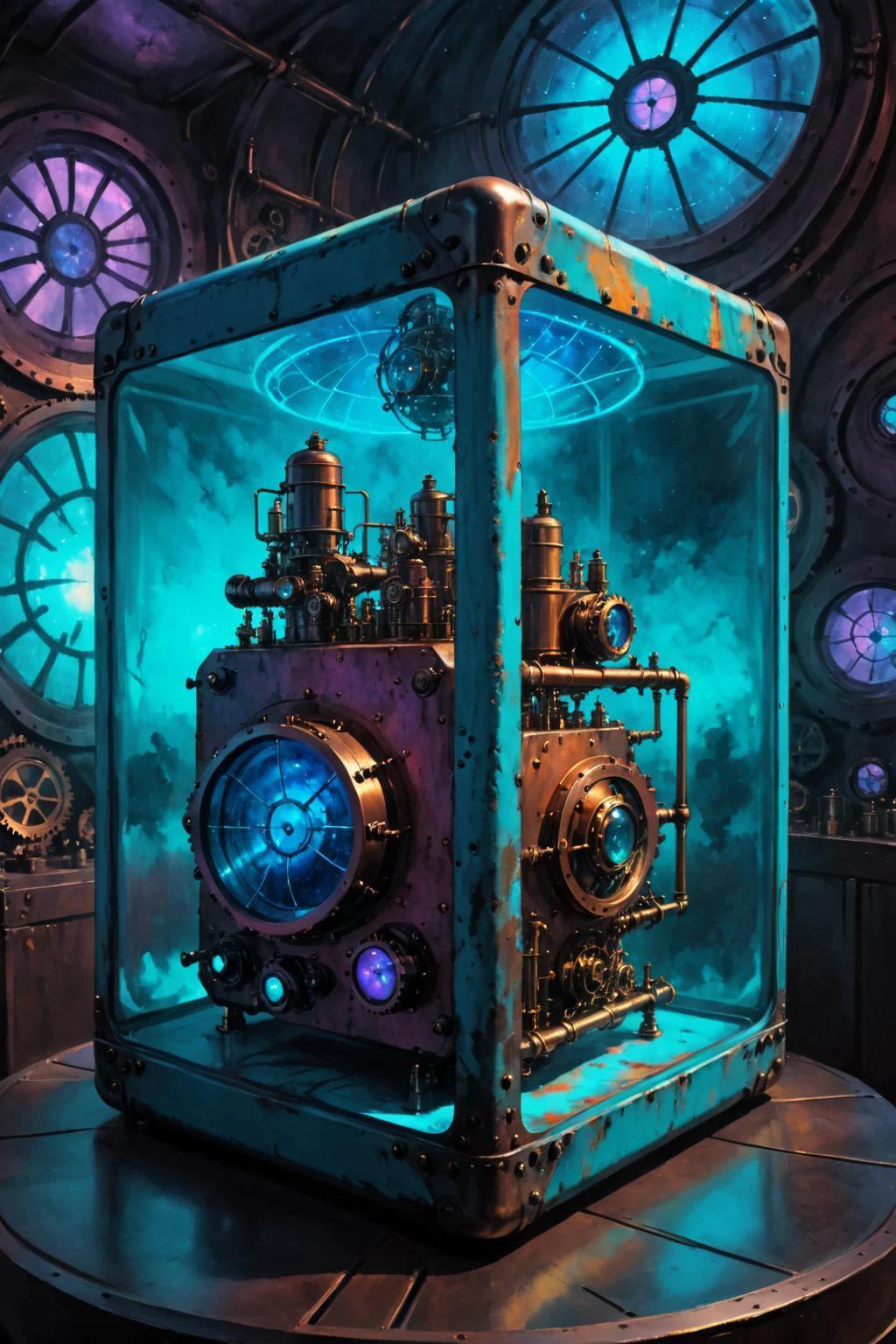 contained color, Cruise Chaser inside of a large rectangular steampunk container with (blue tinted glass), <lora:Contained_Color_SDXL:1> <lora:Painted World-000006:0.3> painted world, 8cgsss filter, photart as soft surface by Alphajestic, vibrant, high gloss