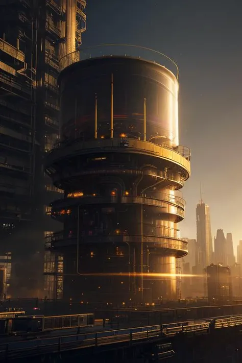 ultra realistic 8k cg, flawless, clean, masterpiece, professional artwork, famous artwork, cinematic lighting, cinematic bloom, (((photo raw)), background), a large rainbow glass cyberpunk container with a construction yard inside, yellow smoke <lora:Contained_Color_SDXL:1>