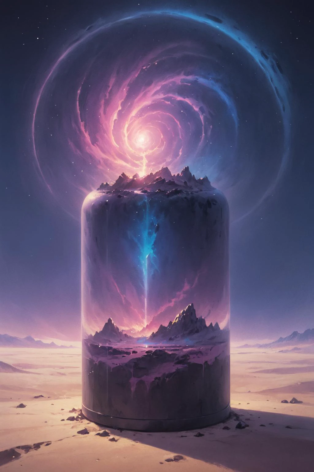 contained color, a beach bay of lake , sand dunes in the background, and gorge , , an untouched haven where the wind carries the whispers of ancient secrets, in the sky is coronal flares and galaxy and blackhole , one big cloud,, in a large futuristic container with (vaporwave glass) ,<lora:Contained_Color_SDXL:1> <lora:Painted World-000006:0.5> painted world, colorful splashes