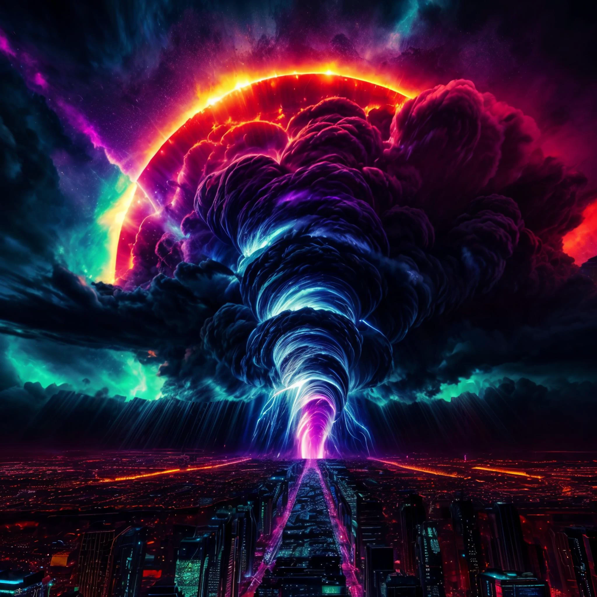 circuitboard, apocalyptic city, tornado, sun rays, <lora:Contained_Color_SDXL:0.8> Contained Color, <lora:xl_more_art-full_v1:0.8>,<lora:more_details:0.8>, <lora:add_detail:0.8>,cyberpunk style,epic style,backround is epic colorful nebula space, <lora:Glowing_style_XL_0.1:0.8> GLOWING STYLE, GLOWING LIGHTS,GLOWING NEON LIGHTS