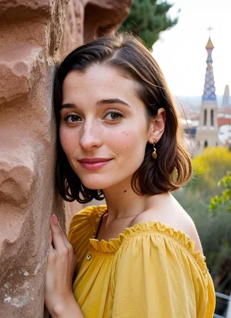 portrait of sks woman in Barcelona, at Park Guell, by Flora Borsi, style by Flora Borsi, bold, bright colours, ((Flora Borsi)), by Dorothea Lange, <lora:lora-small-alison-mack-v1:1>