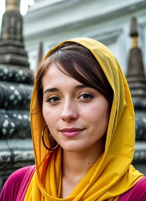 portrait of sks woman in Bangkok, at the Wat Arun temple, by Flora Borsi, style by Flora Borsi, bold, bright colours, ((Flora Borsi)), by Dominique Issermann, <lora:lora-small-alison-mack-v1:1>