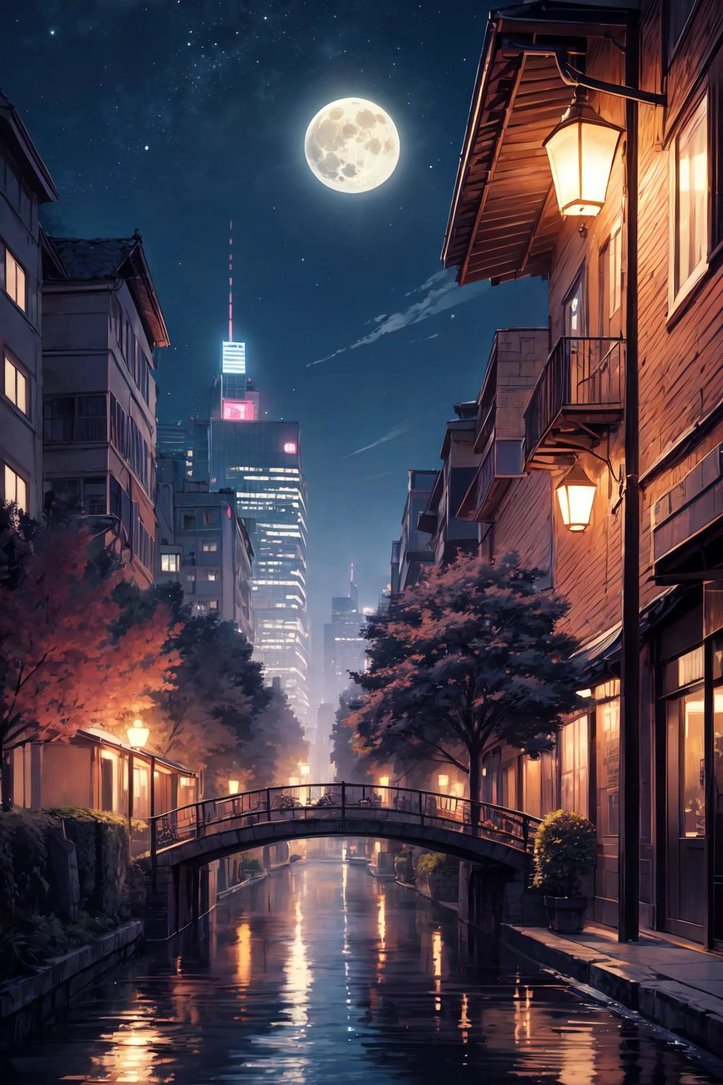 Generate a serene and magical night scene. The composition should blend natural elements with an urban landscape, highlighting a full moon illuminating the sky. Integrate vibrant colors, with a focus on shades of blue and purple to create a captivating night-time atmosphere. Ensure the central presence of a bright full moon casting its glow on the surroundings. Incorporate pink blossoming trees framing the top of the image with elegant branches. Below, introduce an urban cityscape with tall buildings illuminated by various lights. Include a wooden bridge or pathway in the foreground, leading towards the cityscape, inviting viewers into this enchanting world. Aim for an overall mood that is tranquil yet captivating, showcasing the harmonious coexistence of nature and urban life under the magical moonlight.,
<lora:add_detail:1>