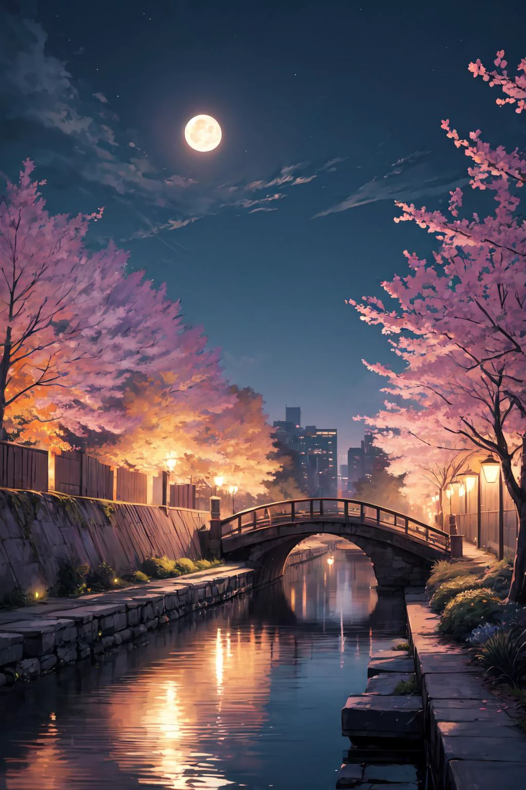 Generate a serene and magical night scene. The composition should blend natural elements with an urban landscape, highlighting a full moon illuminating the sky. Integrate vibrant colors, with a focus on shades of blue and purple to create a captivating night-time atmosphere. Ensure the central presence of a bright full moon casting its glow on the surroundings. Incorporate pink blossoming trees framing the top of the image with elegant branches. Below, introduce an urban cityscape with tall buildings illuminated by various lights. Include a wooden bridge or pathway in the foreground, leading towards the cityscape, inviting viewers into this enchanting world. Aim for an overall mood that is tranquil yet captivating, showcasing the harmonious coexistence of nature and urban life under the magical moonlight.,
<lora:add_detail:1>