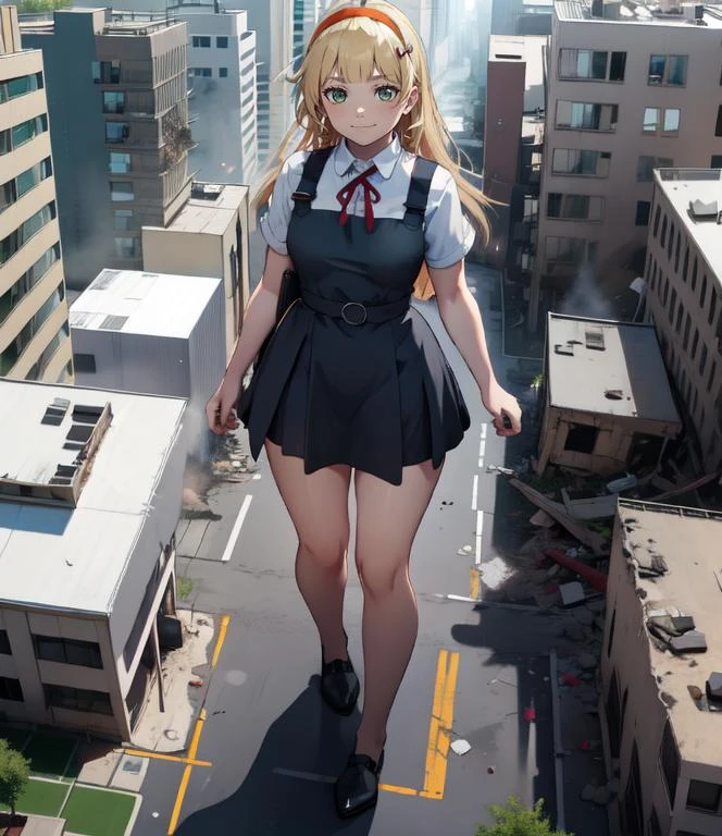 masterpiece, best quality, highres, sumire1, hairband, long hair, solo, white thighhighs, school uniform, red ribbon, neck ribbon, grey dress, blunt bangs, pinafore dress, white shirt, short sleeves, collared shirt, medium breasts, <lora:heanna_sumire_v1:1>, sun rays, flare lens,park,
in a destroyed city, (GTS), macro, aerial view, from_above, ((rampage)), ((destruction)), giantess, (highres), absurdres, best quality, ((full_body:1.3)), footprints, facing_viewer, wide_shot, tiny buildings along the bottom of frame, blood soaked soles, bloodstains, smirk, smug, crushing, explosion, military vehicle, <lora:GTS:1>,standing