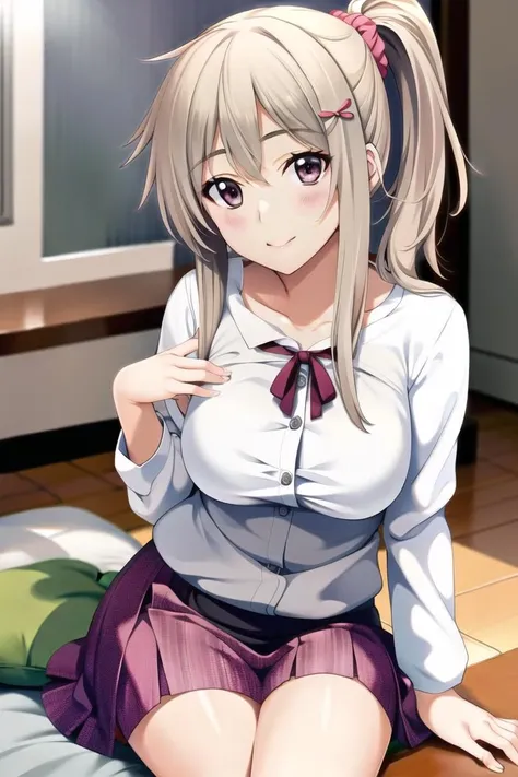 best quality,masterpiece, high res,original, 1girl, naruse nono, solo, smile, breasts, sitting, looking at viewer, scrunchie, stuffed animal, stuffed toy, collarbone, hair ornament, blush, hair scrunchie, large breasts, dutch angle, indoors, hand on own thigh, teddy bear, skirt, hand on lap, long sleeves, ribbon, hair between eyes, 
<lora:narusenono_v1:0.8>