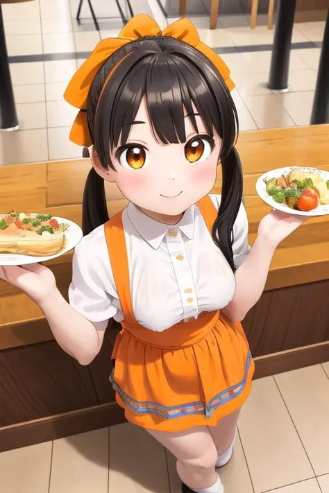 masterpiece, best quality,ultra detail,<lora:anmnr01:0.3> <lora:add_detail:0.4>,<lora:GoodHands-vanilla:0.6>,girl,,black twintail, normal breasts,AMTS, AMSC, 1girl, solo, food, waitress, menu, smile, orange skirt, orange apron, uniform, looking at viewer, indoors, restaurant, shop, tile floor,from above
<lora:AMSC_AnnaMillers_uniform_SD15_V3:0.7>
