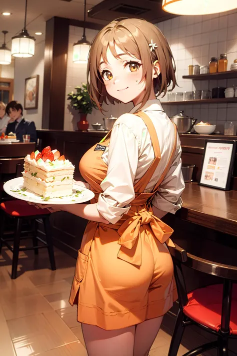 masterpiece, best quality, very aesthetic, absurdres,sensitive,anime,manga,flat color,smooth,
cowboy shot,AMSC, waitress,<lora:AMSC_AnnaMillers_uniform_SD15_V3:0.4>,1girl named mimura kanako standing in  restaurant,wearing orenge skirt, orange apron,holding dapie, plate, AMTS, cake, still life, food focus, food, wooden table,
 <lora:idolmaster_mimura:0.8> ,chobby face,big breasts,thick thighs,big ass,
smiling,looking to viewer,
((HDR, best quality, masterpiece, detailed, High Resolution)),4k wallpaper,perfect,
  <lora:aesthetic_anime_v1s:0.6>,