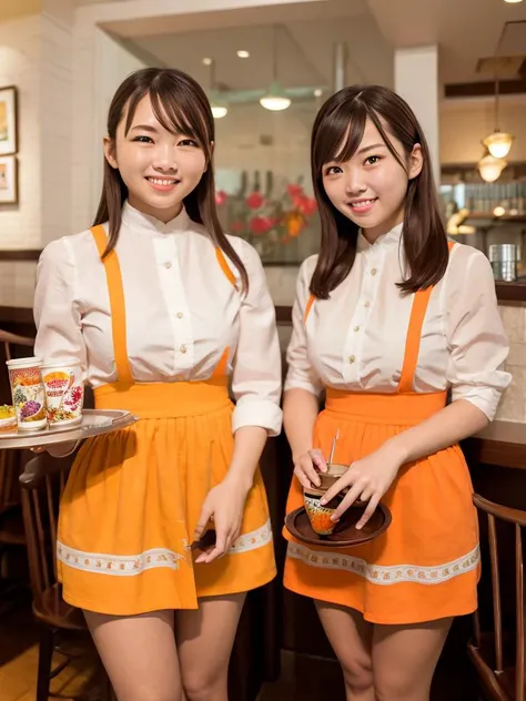 masterpiece, best quality, ultra-detailed, illustration,
AMSC,2girls, waitress, brown hair, restaurant, photo background, smile, table, indoors, (orange skirt), pantyhose, chair, see-through, night, tray, holding, cup,
<lora:AMSC:0.8>