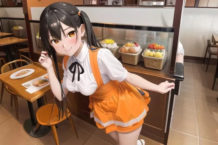 masterpiece, best quality,ultra detail,<lora:anmnr01:0.3> <lora:add_detail:0.4>,<lora:GoodHands-vanilla:0.6>,girl,16yo,black twintail, normal breasts,AMTS, AMSC, 1girl, solo, food, waitress, menu, smile, orange skirt, orange apron, uniform, looking at viewer, indoors, restaurant, shop, tile floor,
<lora:AMSC_AnnaMillers_uniform_SD15_V3:0.7>