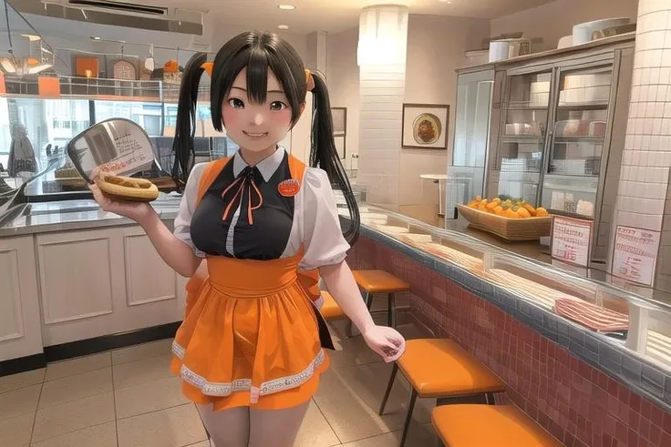 masterpiece, best quality,ultra detail,<lora:anmnr01:0.3> <lora:add_detail:0.4>,<lora:GoodHands-vanilla:0.6>,girl,16yo,black twintail, normal breasts,AMTS, AMSC, 1girl, solo, food, waitress, menu, smile, orange skirt, orange apron, uniform, looking at viewer, indoors, restaurant, shop, tile floor,
<lora:AMSC_AnnaMillers_uniform_SD15_V3:0.7>