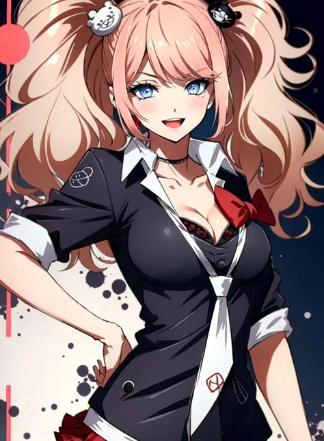 long hair, 1girl, hair ornament, twintails, solo, breasts, blue eyes, cleavage, bow, bear hair ornament, necktie, blonde hair, smile, bangs, large breasts, looking at viewer, collarbone, shirt, nail polish, red bow, black shirt, underwear, bra, skirt, choker, black bra, sleeves rolled up, white necktie, red nails, open mouth, pleated skirt, red skirt, shiny, teeth, medium breasts, miniskirt, shiny hair, upper body, school uniform, pink hair, boots, upper teeth only, plaid skirt, blush, knee boots, plaid, black footwear, cross-laced footwear, standing, ((Shonen Style)), ((detailed background, intricate background:1.1)), ((beautiful, Extremely Detailed)), ((Best Quality)), ((Masterpiece)), ((4k)),  junko enoshima <lora:junko-enoshima-lora-3:1>