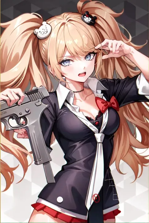 Junko Enoshima, 1girl, long hair, solo, twintails, hair ornament, necktie, weapon, white necktie, gun, holding, bangs, enoshima junko, bear hair ornament, shirt, breasts, checkered background, holding weapon, looking at viewer, black shirt, red bow, holding gun, bow, open mouth, upper body, handgun, simple background, blonde hair, medium breasts, grey background, sleeves rolled up, official style, shiny, school uniform, ((Shonen Style)), ((detailed background, intricate background:1.1)), ((beautiful, Extremely Detailed)), ((Best Quality)), ((Masterpiece)), ((4k)), <lora:junko-enoshima-lora-3:1>