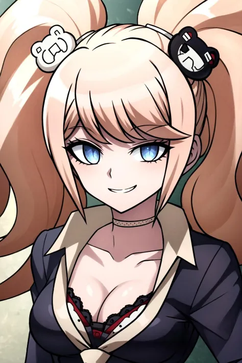 <lora:OGT_Junko_Enoshima-v2:1> (extremely detailed CG unity 8k wallpaper),(masterpiece),(best quality),(ultra-detailed),(best illustration),(best shadow),(absurdres),(detailed background), Junko Enoshima, 1girl, enoshima junko, long hair, bear hair ornament, smile, breasts, solo, twintails, hair ornament, necktie, bangs, cleavage, grin, shirt, collarbone, black shirt, white necktie, looking at viewer, upper body, blue eyes, bra, choker, underwear, blonde hair, teeth, black bra, medium breasts
