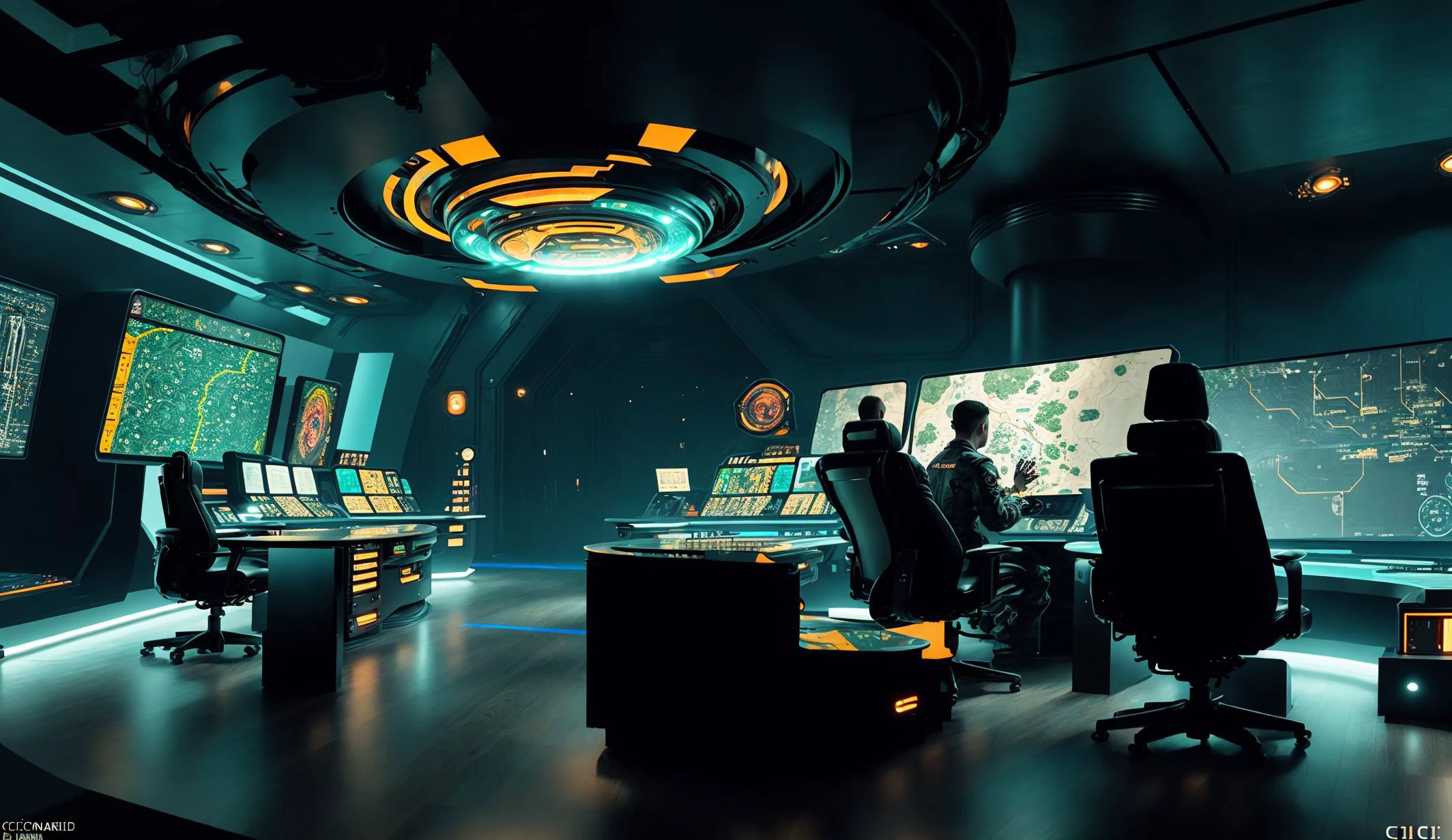 cinematic_angle, best quality, masterpiece, highly detailed, ultra-detailed, <lora:neg4all_bdsqlsz_V3.5:-1>,
<lora:cic:0.75>, (cic:1.3), science fiction, (massive command_center, multi_level multi_sectional with futuristic consoles:1.1), (men seated working at consoles:1.1), military jumpsuits with boots, (colorful led monitors displaying hi-tech futuristic graphics:1.2), (control panels with embedded touchscreen user_interface pads:1.1), metal stairs leading to upper level