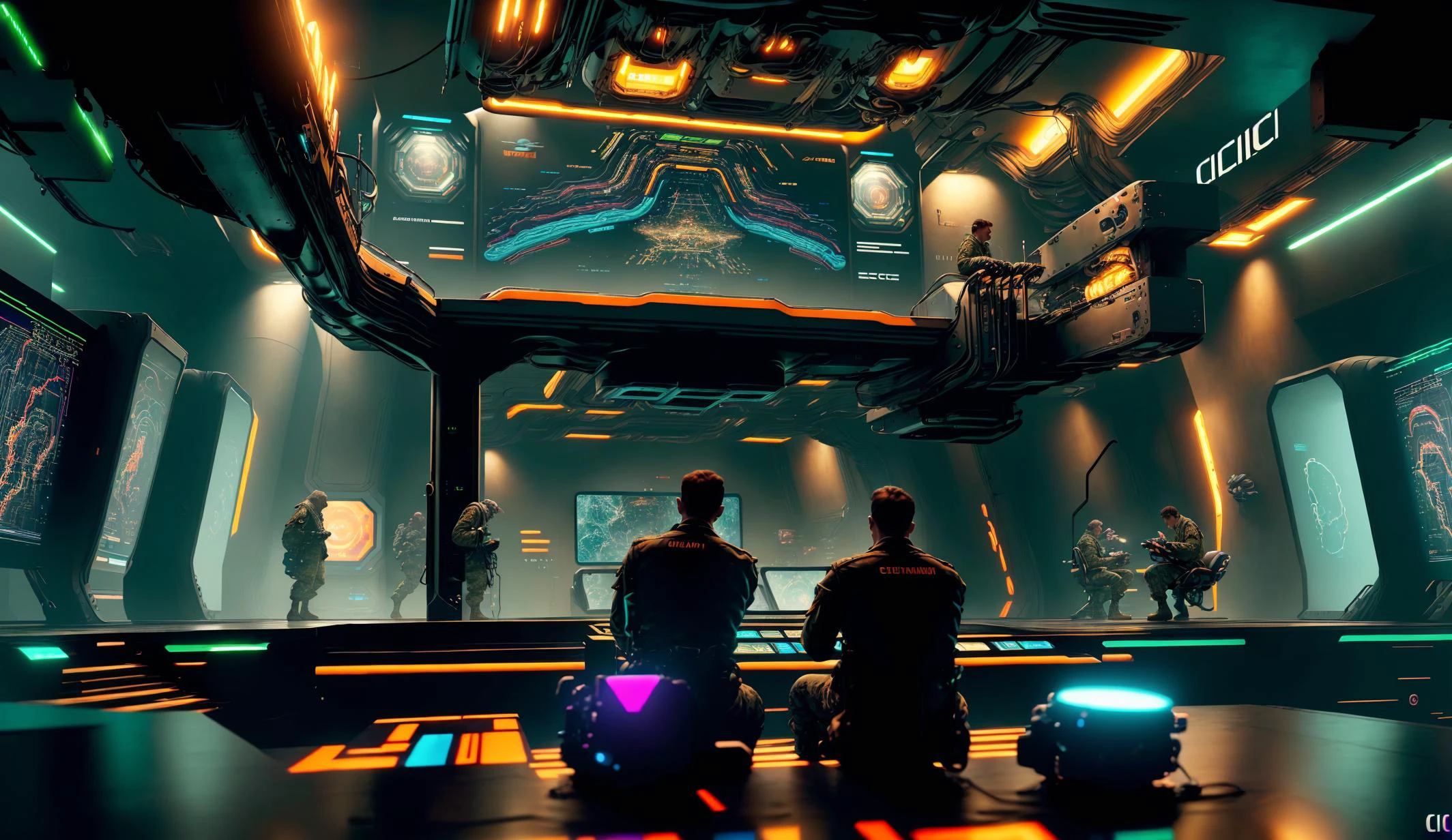 cinematic_angle, best quality, masterpiece, highly detailed, ultra-detailed, <lora:neg4all_bdsqlsz_V3.5:-1>,
<lora:cic:0.75>, (cic:1.3), science fiction, (huge multi_level multi_sectional command_center with futuristic consoles:1.1), (men seated working at consoles:1.1), military jumpsuits with boots, (colorful led monitors displaying hi-tech futuristic graphics:1.2), (control panels with embedded touchscreen user_interface pads:1.1), metal stairs leading to upper level