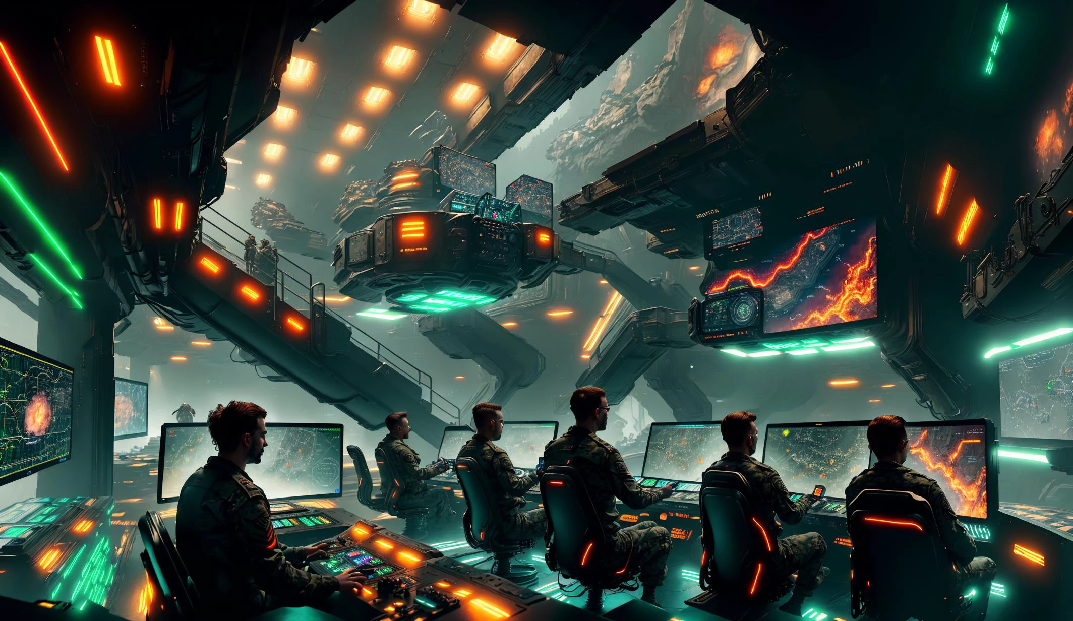 cinematic_angle, best quality, masterpiece, highly detailed, ultra-detailed, <lora:neg4all_bdsqlsz_V3.5:-1>,
<lora:cic:0.75>, (cic:1.3), science fiction, (huge multi_level multi_sectional command_center with futuristic consoles:1.1), (men seated working at consoles:1.1), military jumpsuits with boots, (colorful led monitors displaying hi-tech futuristic graphics:1.2), (control panels with embedded touchscreen user_interface pads:1.1), metal stairs leading to upper level