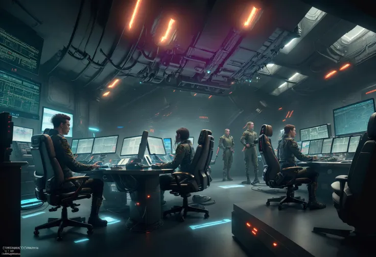 cinematic_angle, best quality, masterpiece, highly detailed, ultra-detailed, (cic:1.3), science fiction, large interior command center, men seated working at futuristic consoles, control panels containing touchscreen user-interface, colorful computer monitors displaying futuristic hi-tech graphics, computer text, schematics, (jumpsuit flight suit uniforms, boots), <lora:neg4all_bdsqlsz_V3.5:-1>, <lora:cic:0.75>