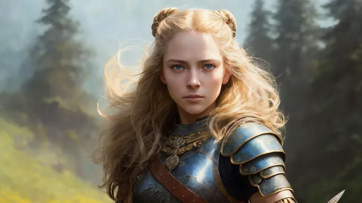 modelshoot style, (extremely detailed CG unity 8k wallpaper, hasselblad award winner), dramatic pose, full shot body photo of the most beautiful artwork in the world, small breasts, beautiful intricate viking light armor, scarred face, Stunningly attractive female Swedish Viking, blonde hair, long hair, blue eyes, professional majestic oil painting by Ed Blinkey, Atey Ghailan, Studio Ghibli, by Jeremy Mann, Greg Manchess, Antonio Moro, trending on ArtStation, trending on CGSociety, Intricate, High Detail, Sharp focus, dramatic, photorealistic painting art by midjourney and greg rutkowski, fit, filigree, intimate, love, athletic