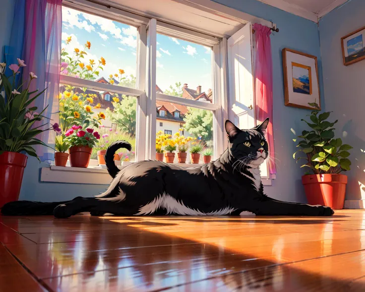 best quality,masterpiece,highly detailed,ultra-detailed,black cat  laying on ground ,animal focus
indoors, large windows,garden, flowers,open window,scenery,red brick floor, 
<lora:neg9V2_last:0.5> <lora:brushstroke_last:0.8>