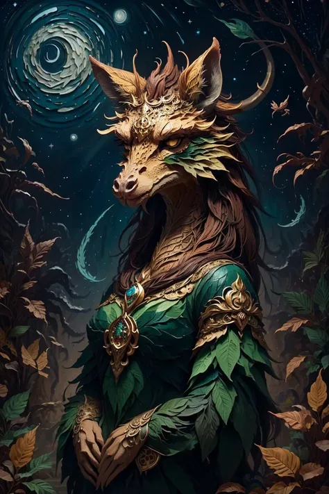 (visionary oil painting by Muqi),
(intimidating chimera between a fox, giraffe and a dragon) (green, brown and and deep yellow colors) (digital art painting, oil painting, intricate detail, ornate) (trending on pixiv, antialiased, intricate detail, ornate),
<lora:LeafArt_v1_R32:1>,(leafart,leaf, starry night:1.2)