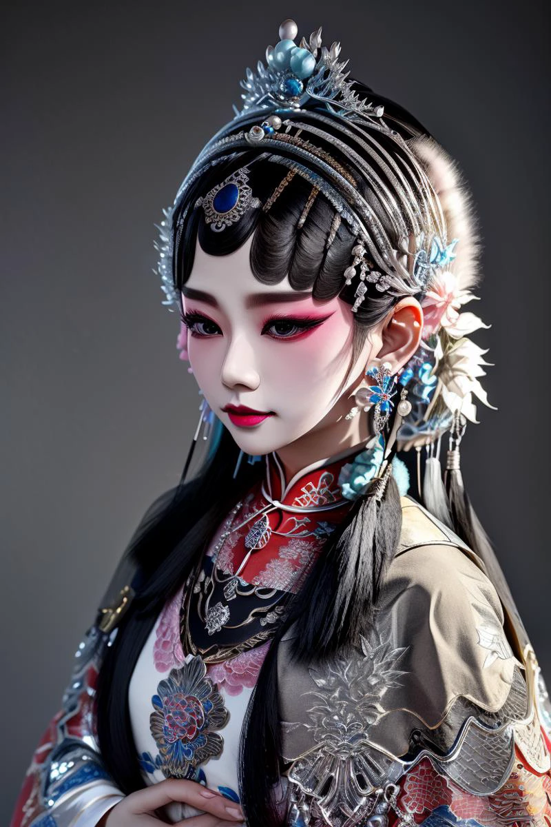 best quality,masterpiece,highly detailed,ultra-detailed,
<lora:neg9V2_last:0.5>, 1girl, traditional clothes,black hair hair ornament, earrings, silver ornament,jewelry, necklace, hair hair ribbon, <lora:BeijingOpera:1> beijing opera, solo, 1girl, black hair, makeup,flower, fur capelet,