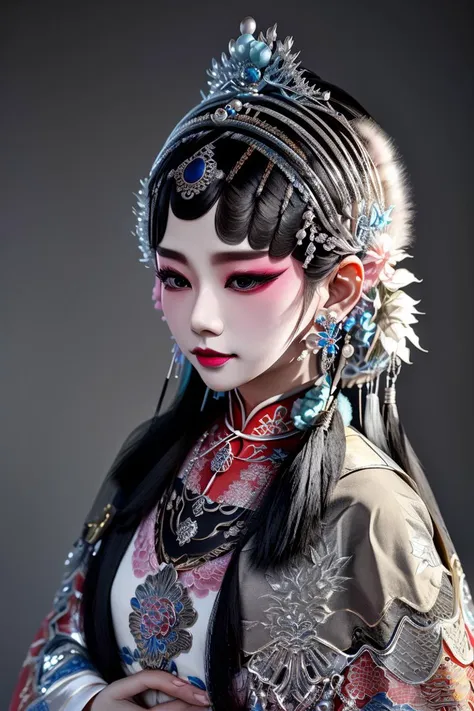 best quality,masterpiece,highly detailed,ultra-detailed,  
 <lora:neg9V2_last:0.5>,  1girl,  traditional clothes,black hair hair ornament, earrings, silver ornament,jewelry, necklace, hair hair ribbon,  <lora:BeijingOpera:1> beijing opera, solo, 1girl, black hair, makeup,flower, fur capelet,