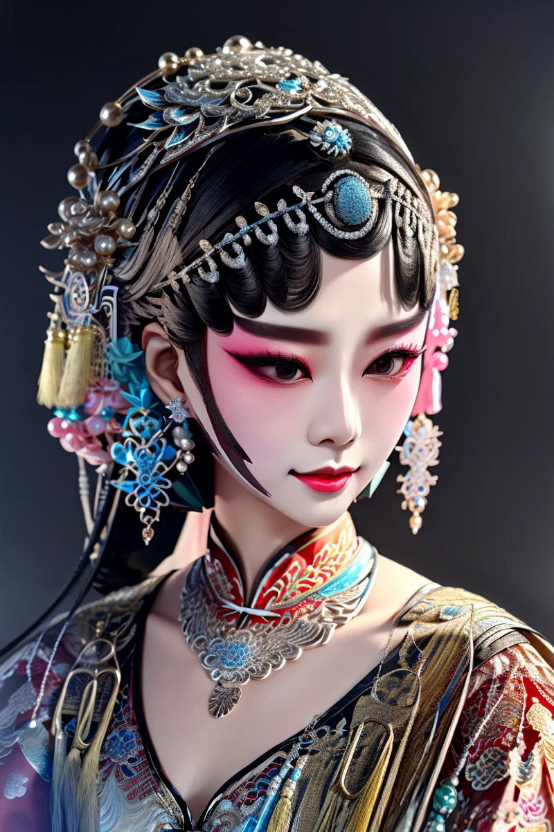 best quality,masterpiece,highly detailed,ultra-detailed,
<lora:neg9V2_last:0.5>, 1girl, traditional clothes,black hair hair ornament, earrings, silver ornament,jewelry, necklace, hair hair ribbon, <lora:BeijingOpera:1> beijing opera, solo, 1girl, black hair, makeup