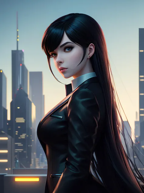 (black suit, black tie, white shirt, black pants), black business suit, super high image, super detail, super high resolution, perfect beautiful female 28 years old, round face and eyes, droopy eyes, double eyelids, white glossy flowing layered messy wavy short hair, blue sparkling big eyes, red alluring moist big thick lips, amorous expression,  expression, great proportion, perfect proportion, slender, background midnight Wall Street city, professional lighting