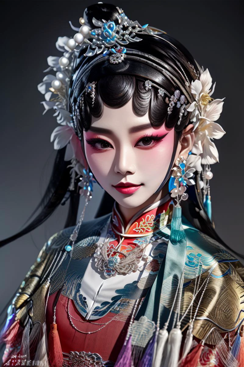 best quality,masterpiece,highly detailed,ultra-detailed,
<lora:neg9V2_last:0.5>, 1girl, traditional clothes,black hair hair ornament, earrings, silver ornament,jewelry, necklace, hair hair ribbon, <lora:BeijingOpera:1> beijing opera, solo, 1girl, black hair, makeup,flower,