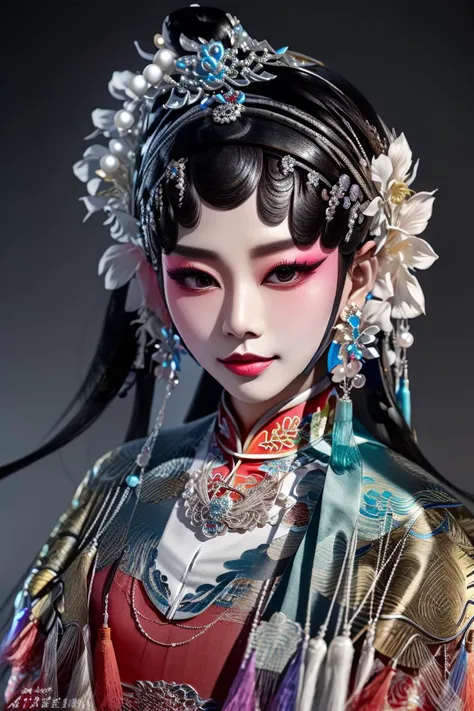 best quality,masterpiece,highly detailed,ultra-detailed,  
 <lora:neg9V2_last:0.5>,  1girl,  traditional clothes,black hair hair ornament, earrings, silver ornament,jewelry, necklace, hair hair ribbon,  <lora:BeijingOpera:1> beijing opera, solo, 1girl, black hair, makeup,flower,