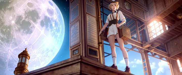 tiktok girl, (from_below:1.32) (standing:1.21) blonde hair , short-hair , in steampunk , white mailman, delivery woman, postworker , on the moon , jewelry, (full_body:1.4), (realistic:1.4), masterpiece, high quality, realistic lighting, center of frame, 8k, hdr, amateur, (freckles:0.85) , photography, amateur