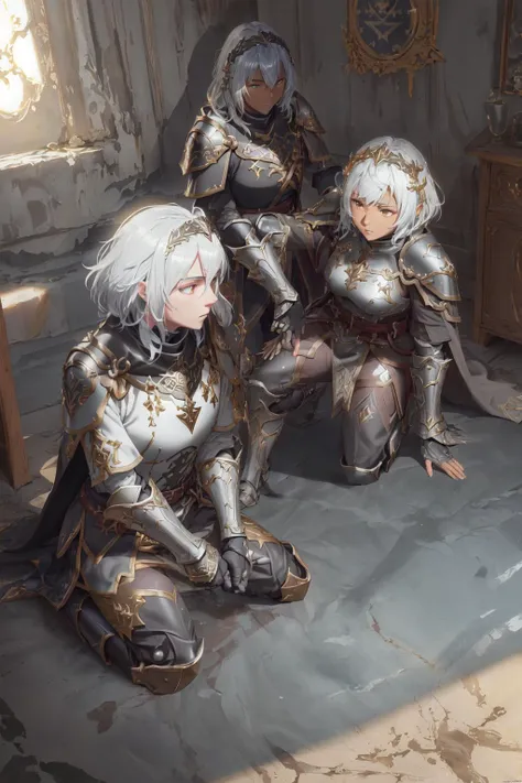 ((best quality)), ((masterpiece)), ((realistic)), (black male:1.4), paladin, (extremely detailed CG unity 8k wallpaper),(masterpiece), (best quality), (realistic), sunlit battlefield, clashing armies, divine light, valiant charge, holding radiant longsword, (holding longsword:1.3), highly detailed, perfect perspective, intricate detail, (dark skin:1.4), (muscular:1.1), (tall:1.1), (short white hair:1.2), (golden eyes:1.1), shining plate armor, holy symbols, ornate cloak, gauntlets, greaves, determined, heroic, masterpiece,, (anime style:1.2),(cel shading), three point lighting, shiny skin, (subsurface scattering:1.5)