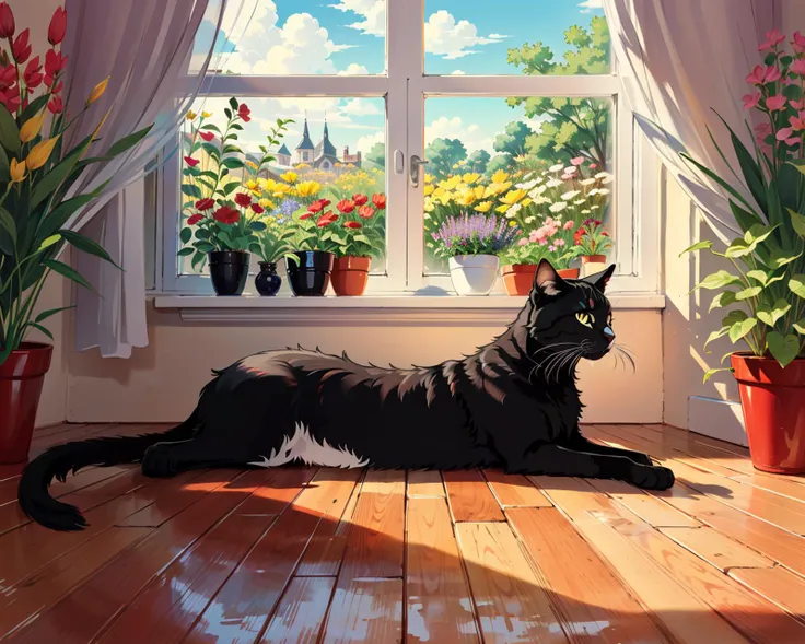 best quality,masterpiece,highly detailed,ultra-detailed,black cat laying o,animal focus
indoors, large windows,garden, flowers,open window,scenery,red brick floor,
<lora:neg9V2_last:0.5> <lora:brushstroke_last:0.8>