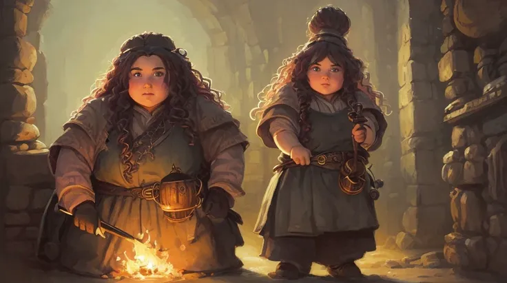 cute chubby female dwarven cook before a cauldron | neat elaborated soft long curly braided hair | big nose | beautiful plump body | intricate, highly detailed, digital painting, artstation, concept art, soft lighting, dungeons and dragons , art by Mark Zug and Donato Giancola