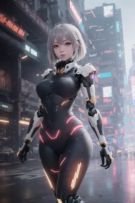 masterpiece, best quality, 4k, mecha, <lora:GR:0.8>,<lora:Light and Shadow:0.6>,starry,sky, star \(sky\), cape, hair ribbon, slim legs, long hair, white hair, cyberpunk, depth of field, blur background,