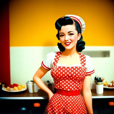 waitress, pinup, art style, kodak portra 400, cinematic, [[[smiling]]], [[[close up]]]
