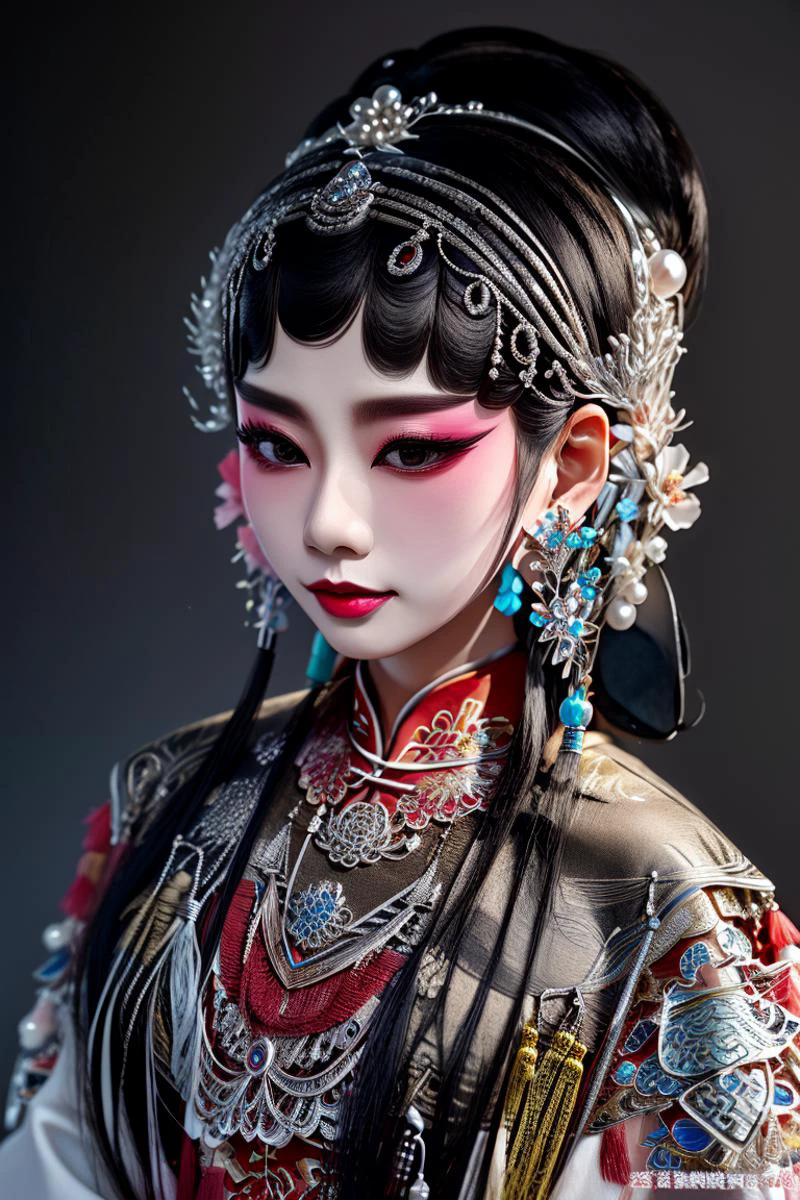 best quality,masterpiece,highly detailed,ultra-detailed,
<lora:neg9V2_last:0.5>, 1girl, traditional clothes,black hair hair ornament, earrings, silver ornament,jewelry, necklace, hair hair ribbon, <lora:BeijingOpera:1> beijing opera, solo, 1girl, black hair, makeup,flower,
