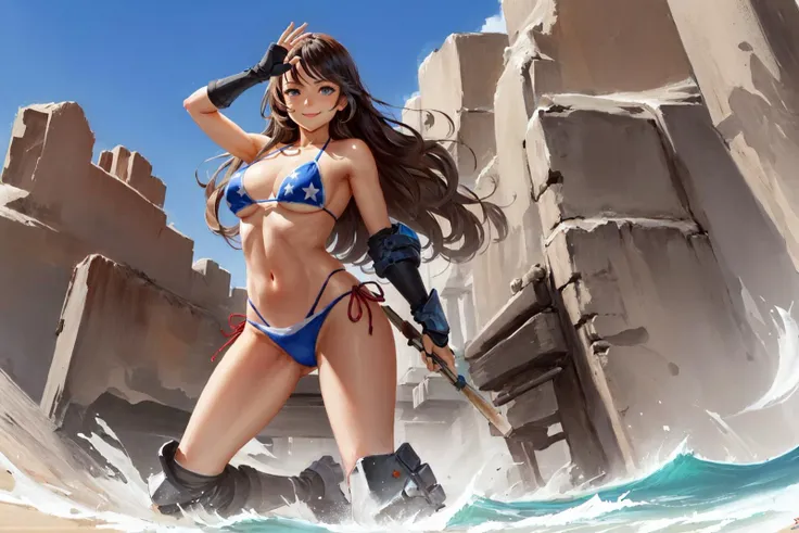 punjabi , an Americas female  1gril,[yvonne strahovski:emmanuelle vaugier:0.3] ,(Smiling:1.1), Bikini Armor,,white,Half-Up Half-Down,
atompunk 
Ken Sugimori Yoshikazu Yasuhiko joe madureira, (nvinkpunk:1.1),
best quality,masterpiece,highly detailed,ultra-detailed,