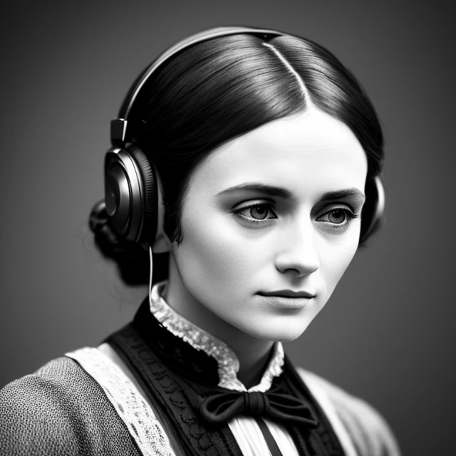 Jane Eyre with headphones, natural skin texture, 24mm, 4k textures, soft cinematic light, adobe lightroom, photolab, hdr, intricate, elegant, highly detailed, sharp focus, ((((cinematic look)))), soothing tones, insane details, intricate details, hyperdetailed, low contrast, soft cinematic light, dim colors, exposure blend, hdr, faded, slate atmosphere