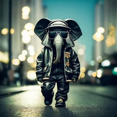 a tiny gangsta elephant, sun glasses, anthropomorphic wearing, fashion photography, night lights