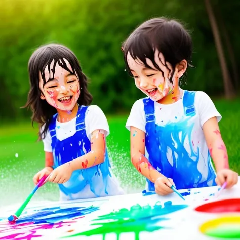 kids laughing, water painting style