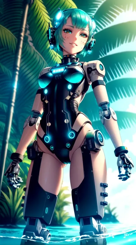 (full body), (from below:1.3) 8k photography full body view (cyborg girl:1.45) in a ((( one-piece swimsuit ))). mechanical arms, (thin robotic spine:1.5), standing in shallow water on an island. cyan pink black colors, ((runic tattoos)), on a jungle background on a shore. strap leather ((bracelets)), slim, small breasts, bare feet, athletic, women touching foreheads, smile, soft, low light, intricate fabric, delicate fabric, lace, feminine , ((skimpy)), nude, athletic, sci-fi, cyborg, (freckles:0.6) , ((robotic jaw))