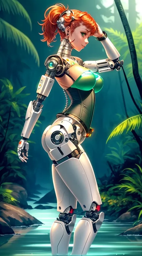 (full body), (from side:1.3) 8k photography full body view (cyborg girl:1.45) in a ((( corset ))). mechanical arms, (thin robotic spine:1.5), standing in shallow water on an island. green red orange colors, ((runic tattoos)), on a jungle background on a shore. strap leather ((bracelets)), slim, small breasts, bare feet, athletic, women touching foreheads, smile, soft, low light, intricate fabric, delicate fabric, lace, pefect skin , ((skimpy)), nude, athletic, sci-fi, cyborg, (freckles:0.95) , ((robotic jaw))