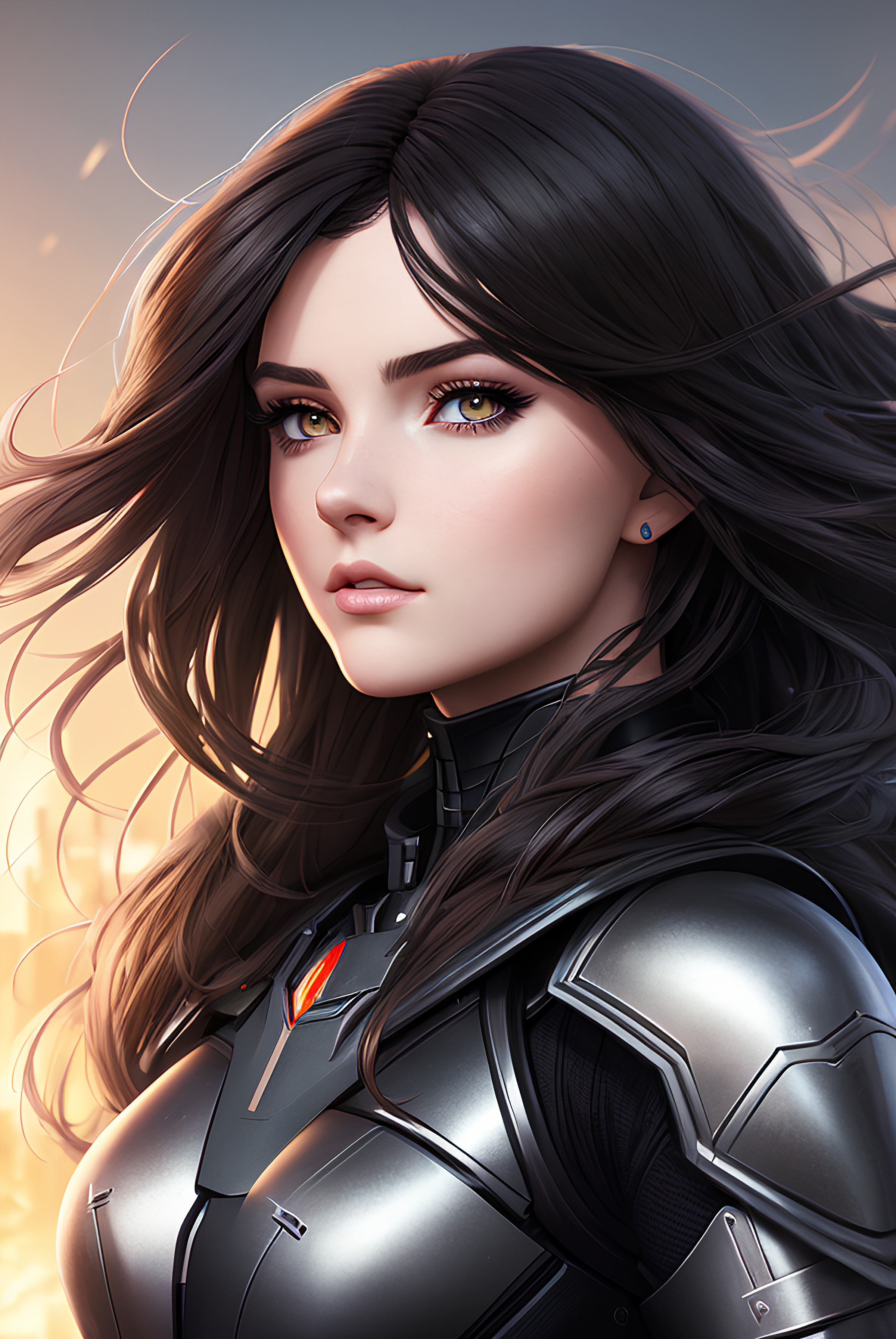 A woman in a black suit with long hair and a red eye - SeaArt AI