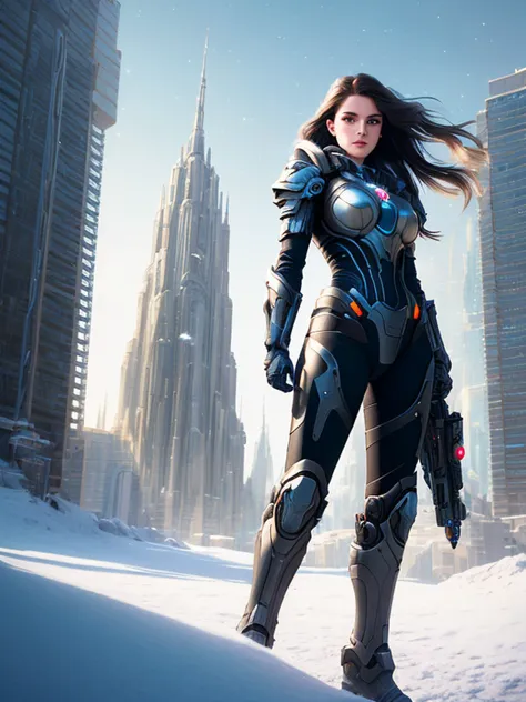 best quality,masterpiece,highly detailed,ultra-detailed,a beautiful woman, futuristic armor, snowy buildings nearby, by greg rutkowski and thomas kinkade trending on artstation deviantart octane render unreal engine 4k hd wallpaper digital painting concept volumetric lighting pixar 3 point perspective 20 mm photo realistic shadows highlights sharp focus nvinkpunk,kuvshinov,dreamlikeart,samdoesart,modelshoot style, long black hair, hair motion, standing tall, full body shot