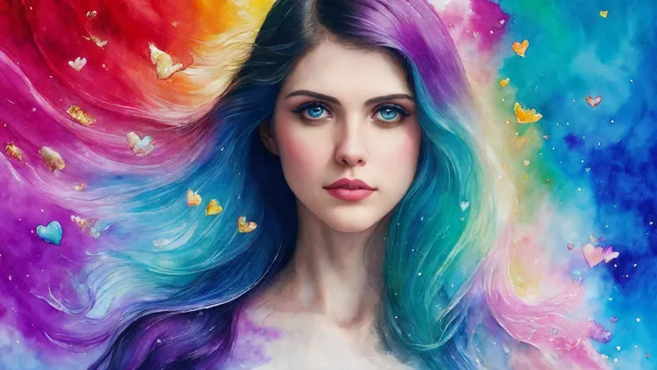 (water colour painting style), stunningly attractive (Alexandra Daddario), fantasy world, spooky, perfect feminine face, ((ink cloud), (ink drops)), ((precision anatomy)), vibrant lights, by (Carne Griffiths), (Pino Daeni), (playful), ((love)), elegant, warm, flirty, utopia, fascinating, tone mapped, pure, filigree, ultra sharp, light particles, splash art, crazy, mixed colors, (color gradient), Iridescent, hearts