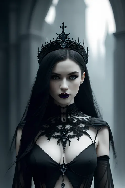 analog style, ((intricate details)), full torso shot, cold lighting, dark grey broken landscape backdrop, beautiful, ((pale gothic evil princess)), (black hair), (intricate), ((skeletal onyx dress armor)), ((less clothing)), ((skimpy clothing)), ((intricate jagged obsidian crown)), dynamic pose, windblown hair, perfect face, (realistic eyes), round iris, ((grey eyes)), perfect eyes, intricate, complex, Helios 44-2, bokeh, trending on artstation, sharp focus, studio photo, intricate details, highly detailed, sharp, dnd character portrait, (oil on canvas), perfect lighting, Masterpiece, detailed background, portrait by artgerm and greg rutkowski, cinematic lighting, 8k