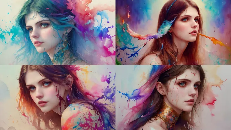 (water colour painting style), stunningly attractive (Alexandra Daddario), fantasy world, spooky, perfect feminine face, ((precision anatomy)), vibrant lights, by (Carne Griffiths), (Pino Daeni), (playful:1.2), (ink cloud), (ink drops), (love), elegant, warm, flirty, utopia, fascinating