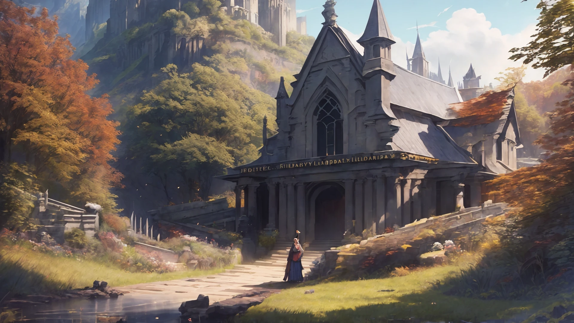 a beautifully designed chapel in the middle of a serene mountain landscape, snowy peaks adorn the quiet forest landscape, professional majestic oil painting by Ed Blinkey, Atey Ghailan, Studio Ghibli, by Jeremy Mann, Greg Manchess, Antonio Moro, trending on ArtStation, trending on CGSociety, Intricate, High Detail, Sharp focus, dramatic, photorealistic painting art by midjourney and greg rutkowski, Style-Glorious, <lora:epiNoiseoffset_v2:1.2>, small creek, warm and sunny, light rays, fireflies, Style-Petal